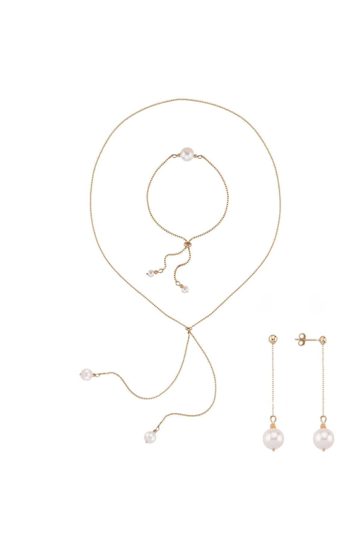 Adjustable Natural Pearl Earring Necklace Bracelet Triple Set