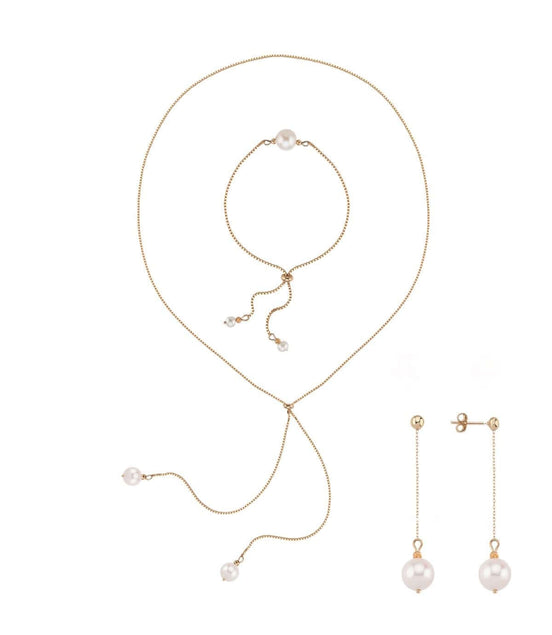 Adjustable Natural Pearl Earring Necklace Bracelet Triple Set