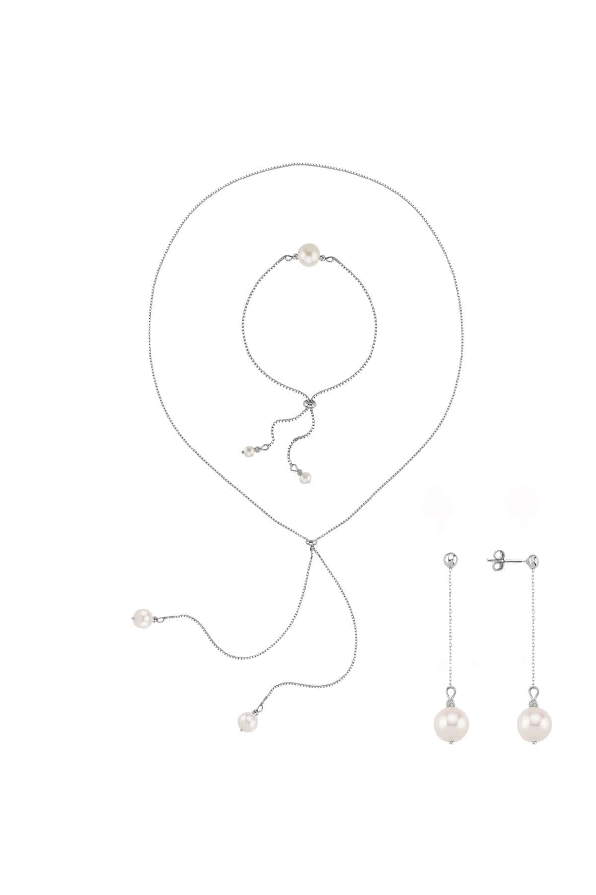 Adjustable Natural Pearl Earring Necklace Bracelet Triple Set