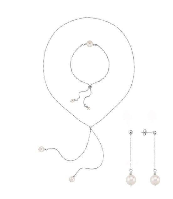 Adjustable Natural Pearl Earring Necklace Bracelet Triple Set