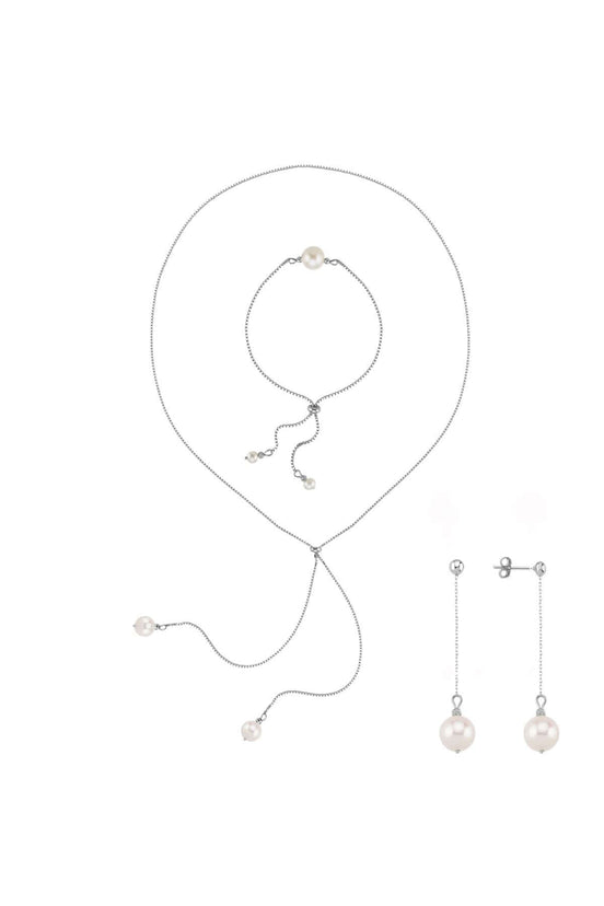 Adjustable Natural Pearl Earring Necklace Bracelet Triple Set