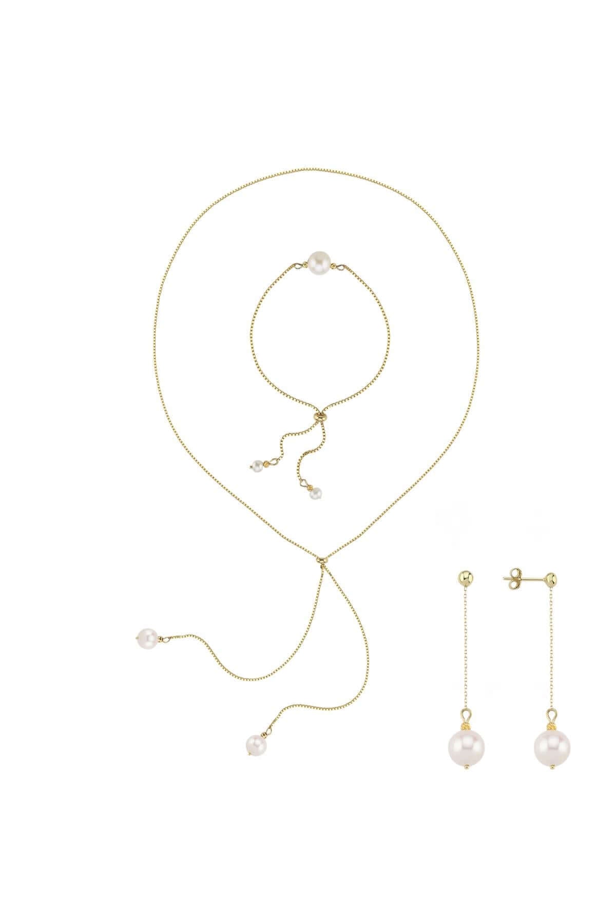 Asansörlü Doğal İnci Küpe Kolye Bileklik Üçlü Set | | Birinci1926