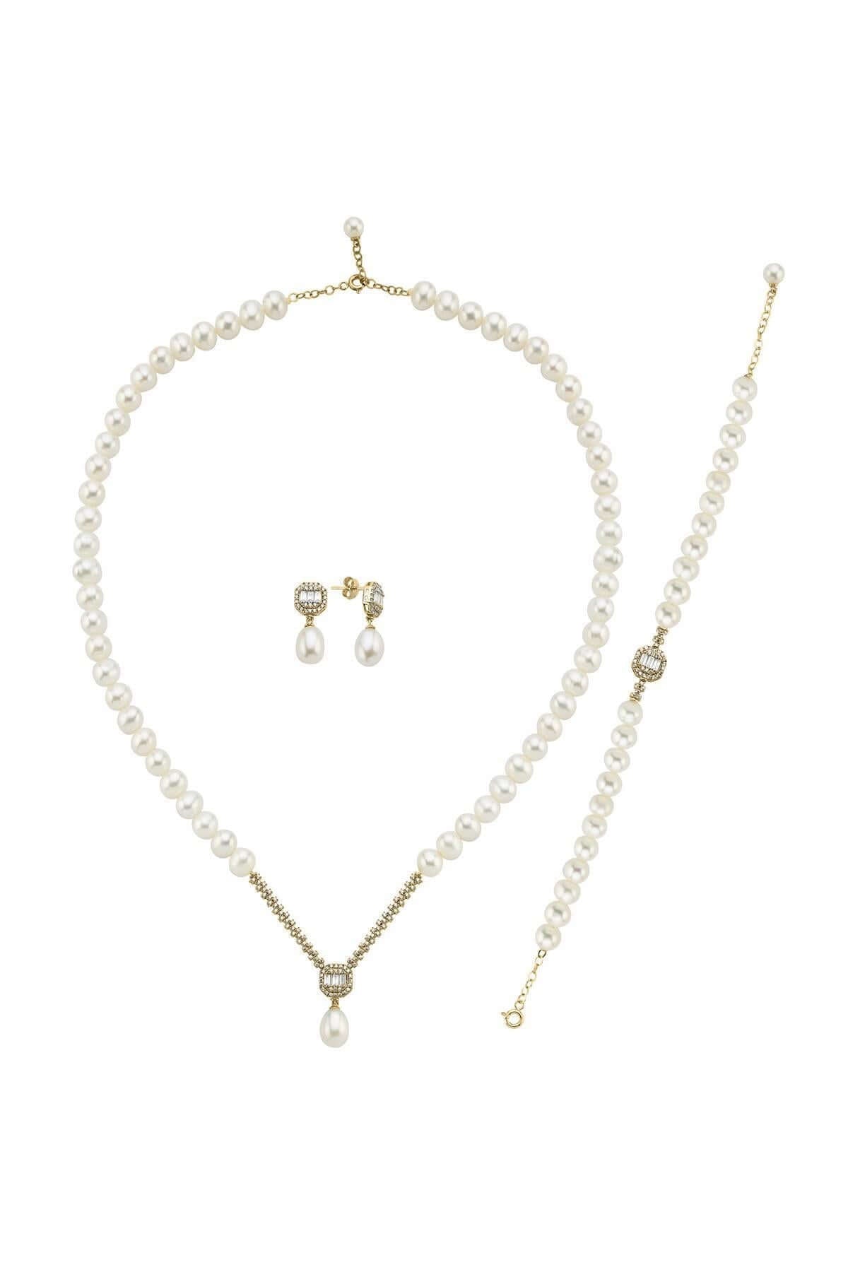 Baget Doğal İnci Küpe Kolye Bileklik Üçlü Set | | Birinci1926