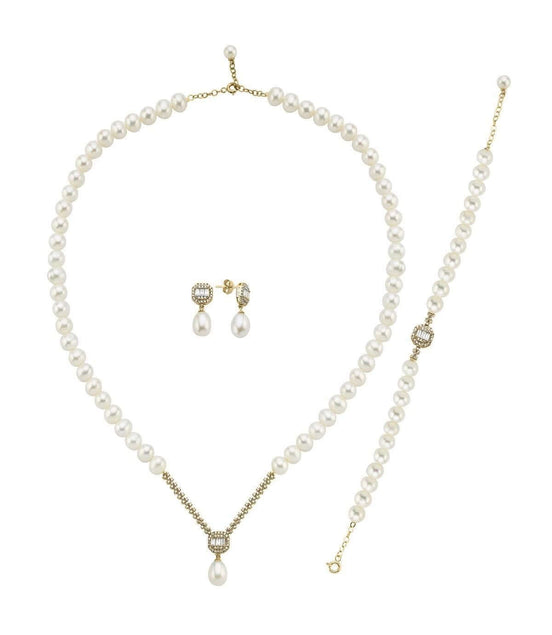 Baget Doğal İnci Küpe Kolye Bileklik Üçlü Set | | Birinci1926