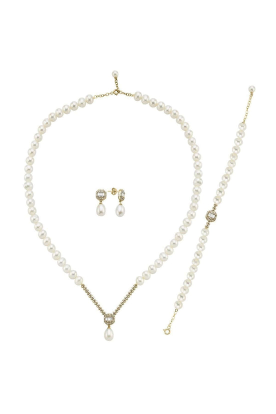 Baget Doğal İnci Küpe Kolye Bileklik Üçlü Set | | Birinci1926