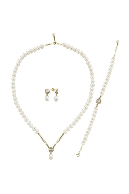 Baget Doğal İnci Küpe Kolye Bileklik Üçlü Set | | Birinci1926