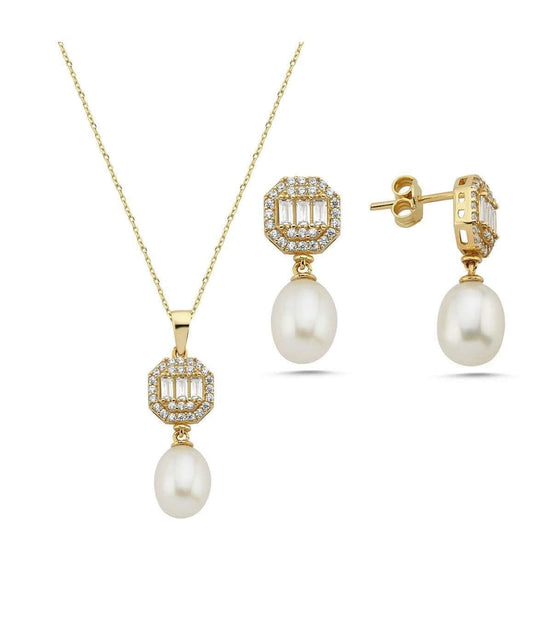 Baget Sekizgen Doğal İncili Sallantı Küpe Kolye İkili Set | | Birinci1926