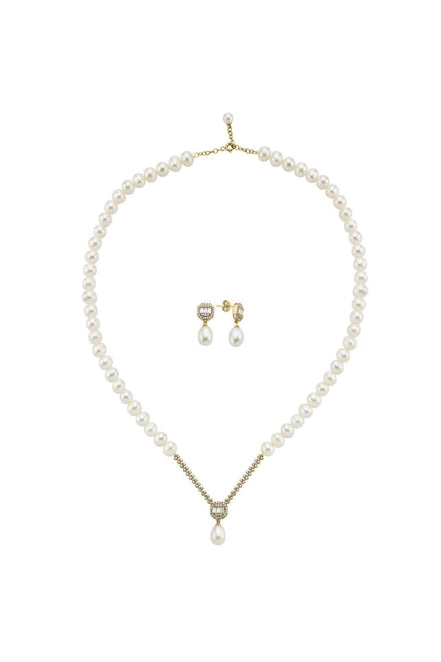 Baget Sekizgen Doğal İnci Sallantı Küpe Kolye İkili Set | | Birinci1926