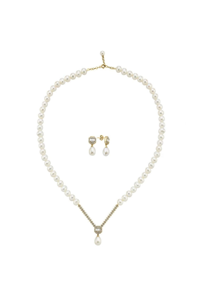 Baget Sekizgen Doğal İnci Sallantı Küpe Kolye İkili Set | | Birinci1926