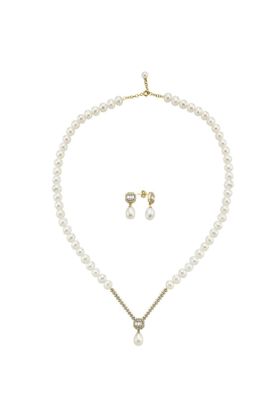 Baget Sekizgen Doğal İnci Sallantı Küpe Kolye İkili Set | | Birinci1926