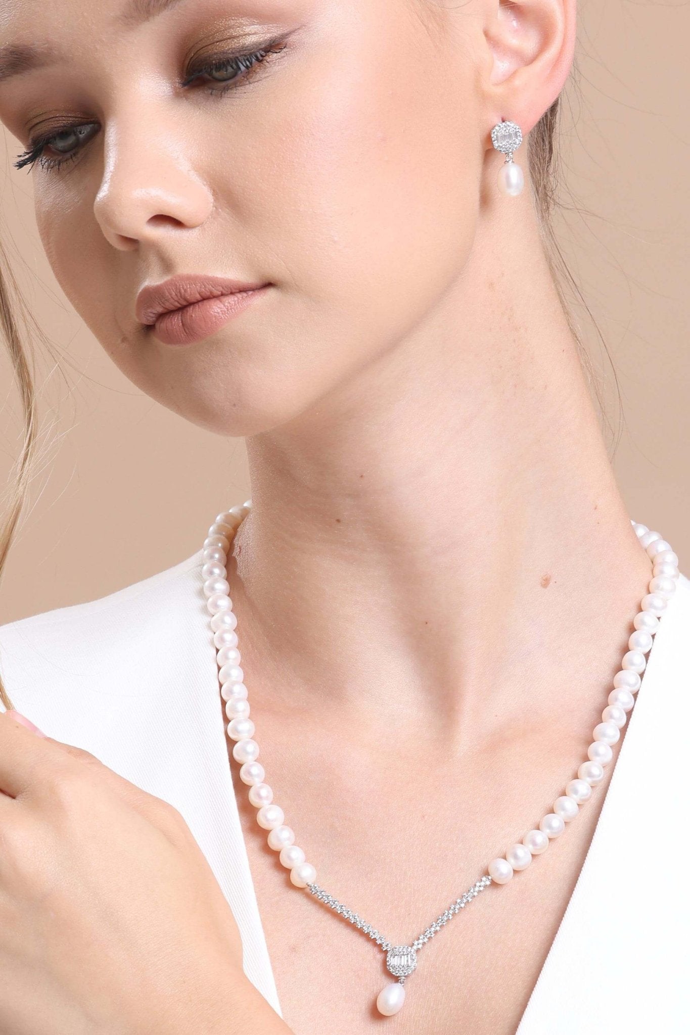 Baguette Octagon Natural Pearl Dangling Earring Necklace Double Set