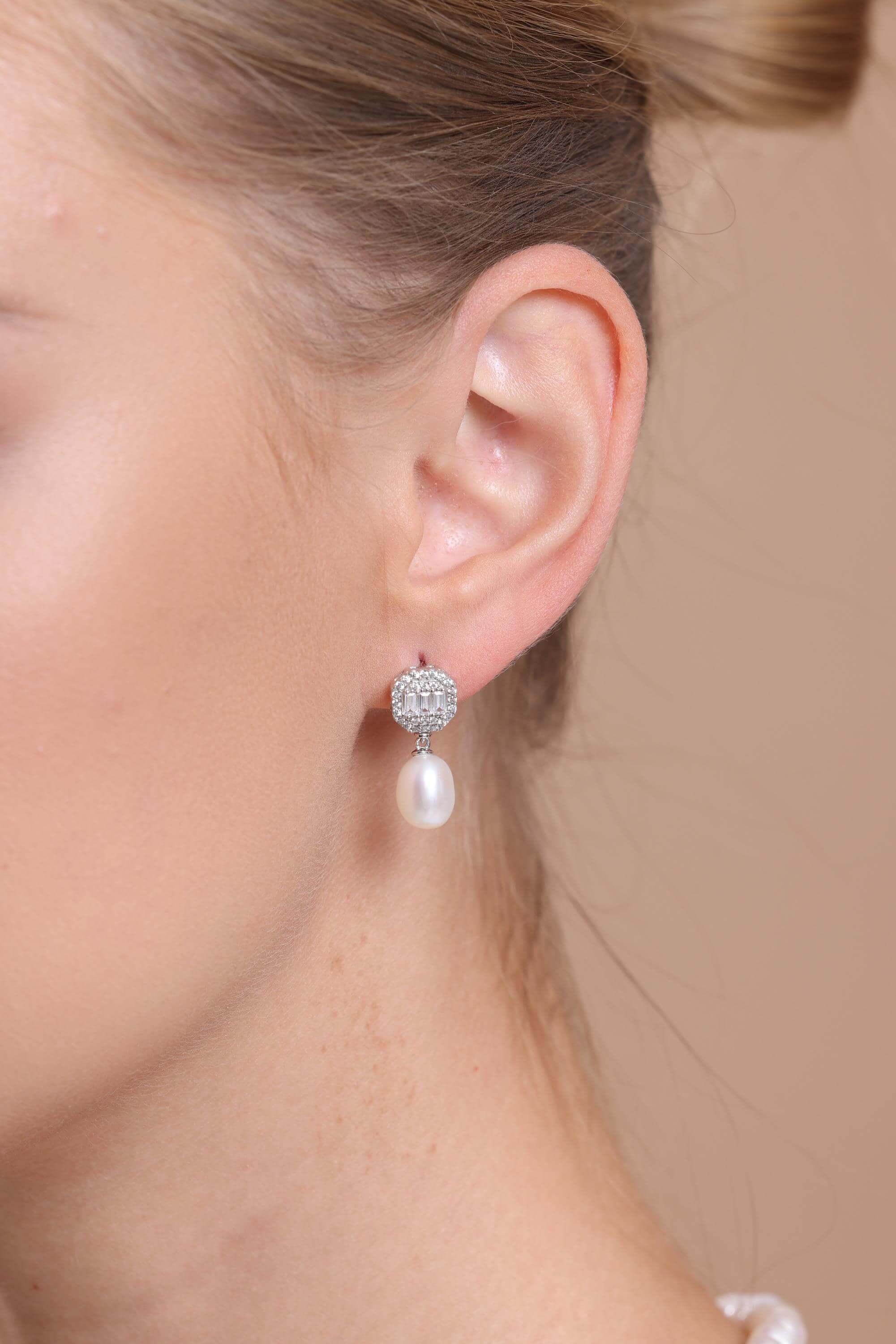 Baguette Octagon Natural Pearl Dangling Earring Necklace Double Set