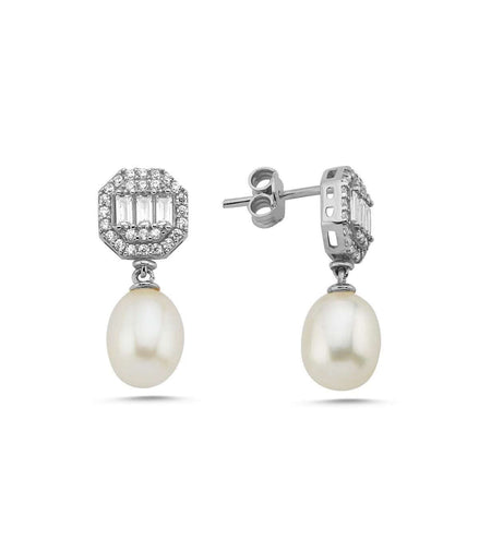 Baguette Octagon Natural Pearl Dangling Earring