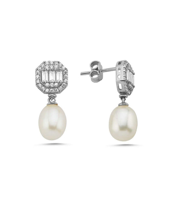 Baguette Octagon Natural Pearl Dangling Earring
