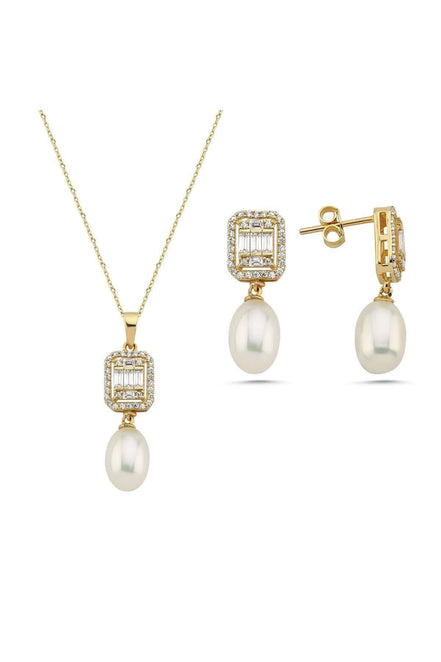 Baget Taş Doğal İnci Sallantı Küpe Kolye İkili Set | | Birinci1926