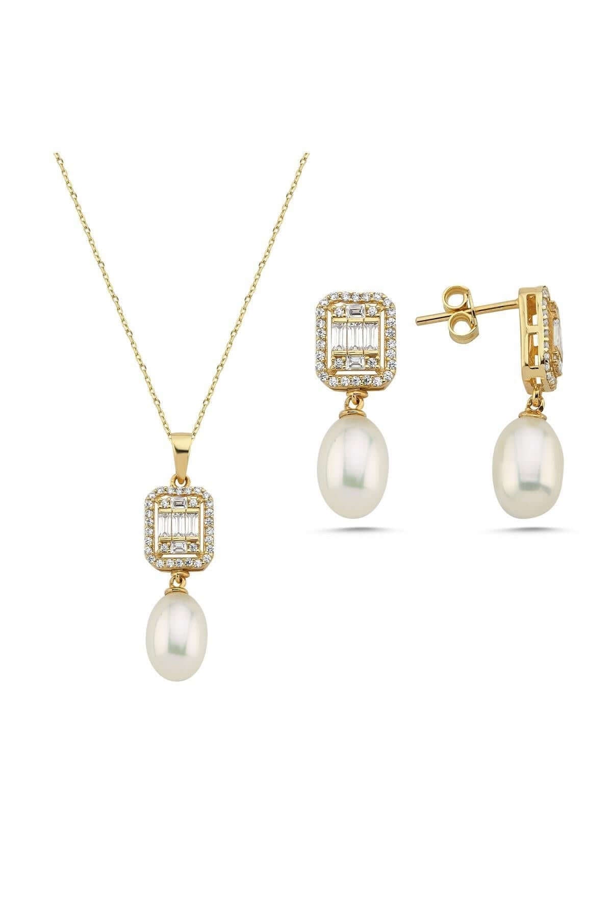 Baget Taş Doğal İnci Sallantı Küpe Kolye İkili Set | | Birinci1926