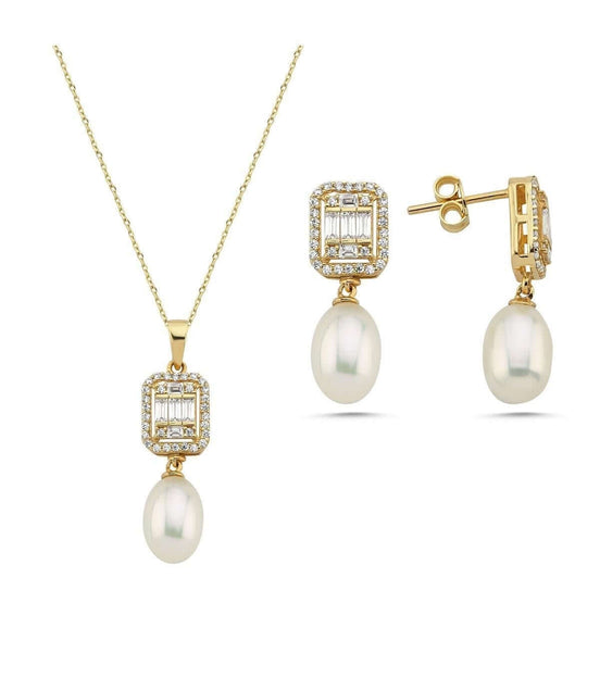 Baget Taş Doğal İnci Sallantı Küpe Kolye İkili Set | | Birinci1926