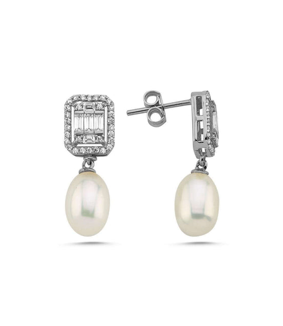 Baguette Zircon Stone Natural Pearl Dangling Earring