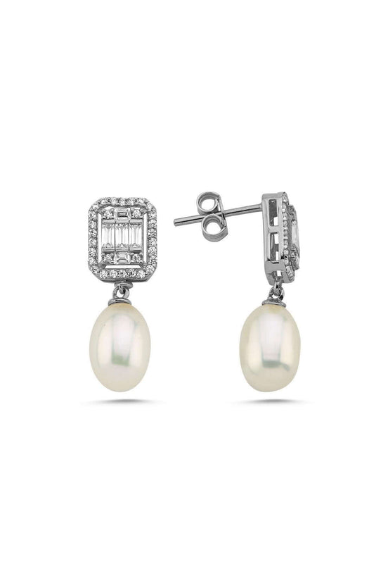 Baguette Zircon Stone Natural Pearl Dangling Earring