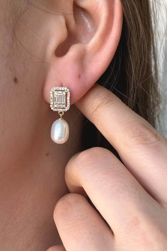 Baget Zirkon Taş Doğal İnci Sallantılı Küpe | | Birinci1926