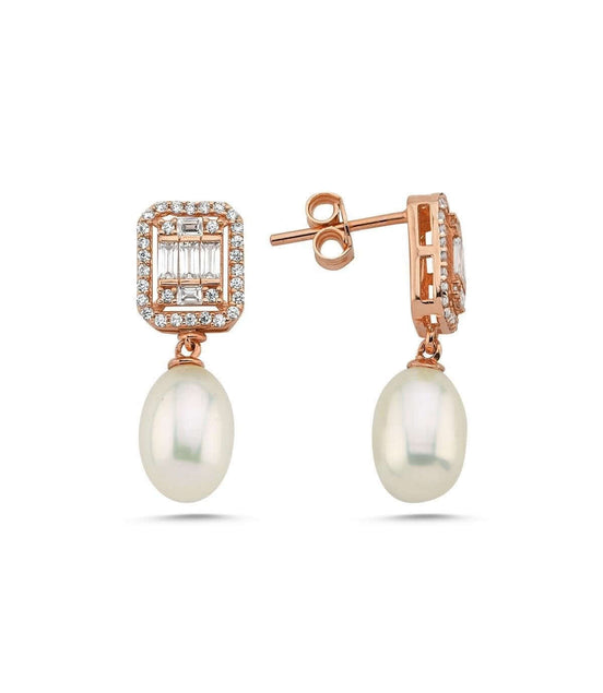 Baguette Zircon Stone Natural Pearl Dangling Earring