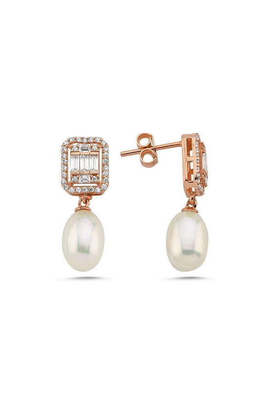 Baguette Zircon Stone Natural Pearl Dangling Earring