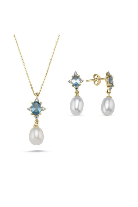 Mavi Renk Taşlı Doğal İnci Sallantı Küpe Kolye İkili Set | | Birinci1926