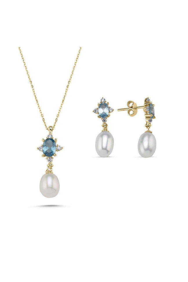 Mavi Renk Taşlı Doğal İnci Sallantı Küpe Kolye İkili Set | | Birinci1926