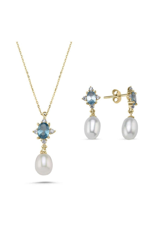 Mavi Renk Taşlı Doğal İnci Sallantı Küpe Kolye İkili Set | | Birinci1926