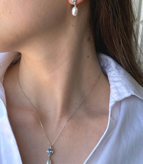 Mavi Renk Taşlı Doğal İnci Sallantı Küpe Kolye İkili Set | | Birinci1926