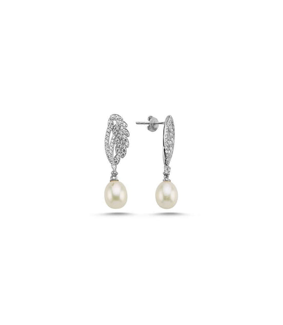 Leaf Detayli Natural Pearl Dangling Earring
