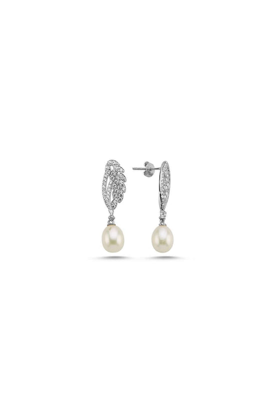 Leaf Detayli Natural Pearl Dangling Earring