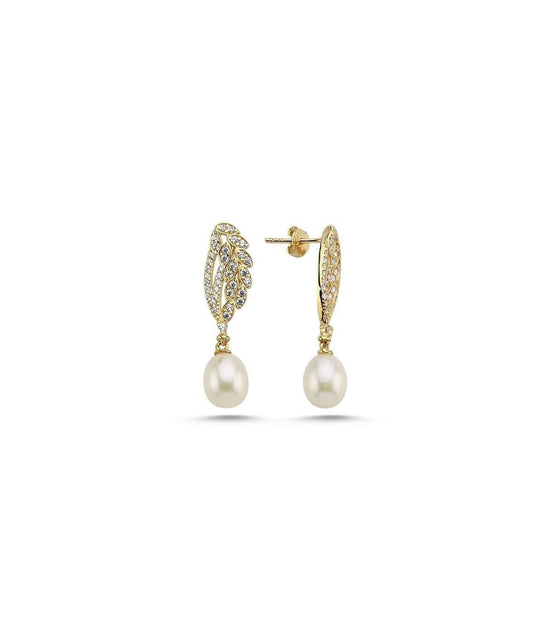 Leaf Detayli Natural Pearl Dangling Earring
