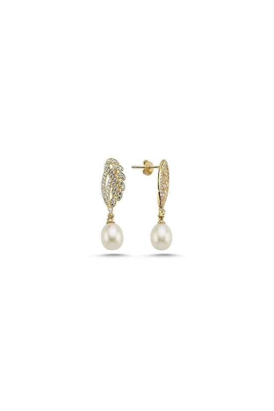 Leaf Detayli Natural Pearl Dangling Earring