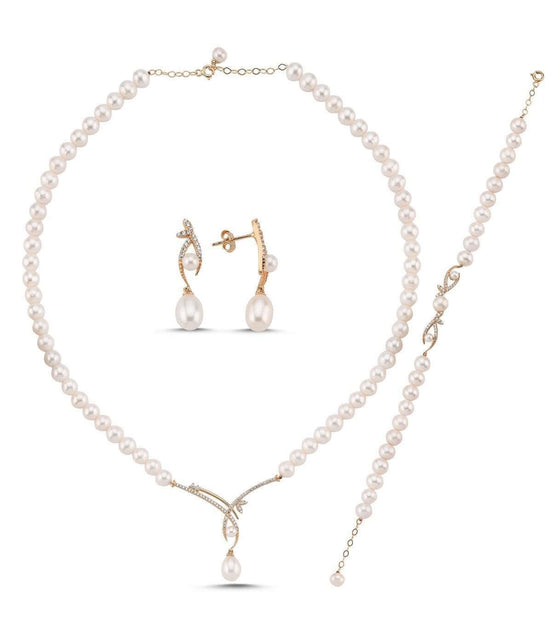 Yaprak Taşlı Doğal İncili Küpe Kolye Bileklik Üçlü Set | | Birinci1926