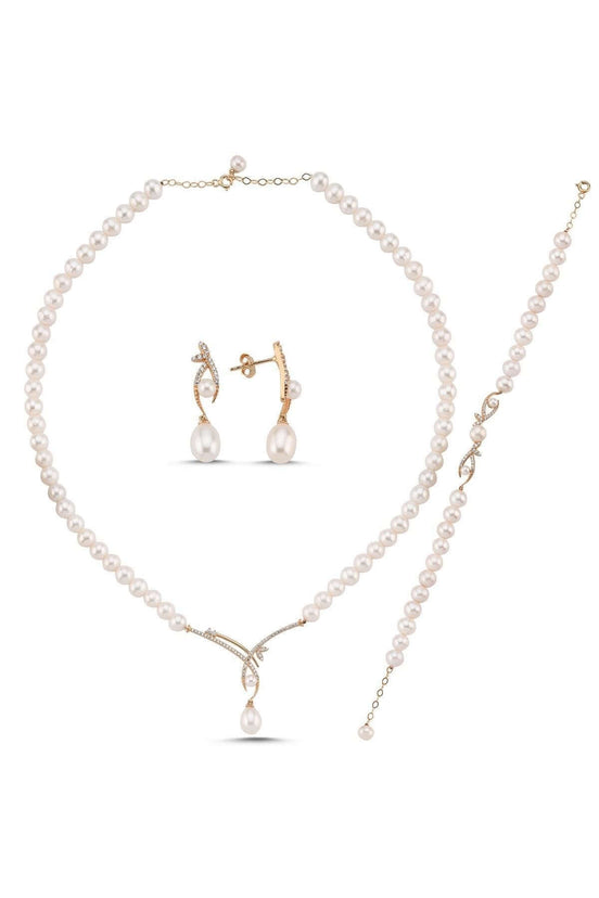 Yaprak Taşlı Doğal İncili Küpe Kolye Bileklik Üçlü Set | | Birinci1926