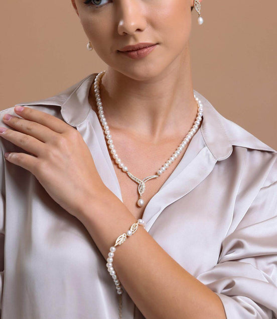 Yaprak Taşlı Doğal İnci Küpe Kolye Bileklik Üçlü Set | | Birinci1926