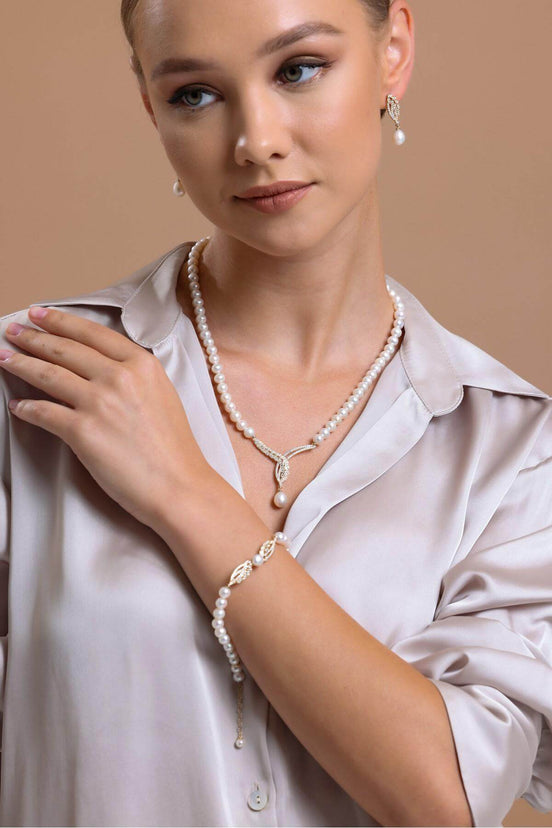 Yaprak Taşlı Doğal İnci Küpe Kolye Bileklik Üçlü Set | | Birinci1926