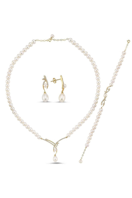 Yaprak Taşlı Doğal İncili Küpe Kolye Bileklik Üçlü Set | | Birinci1926