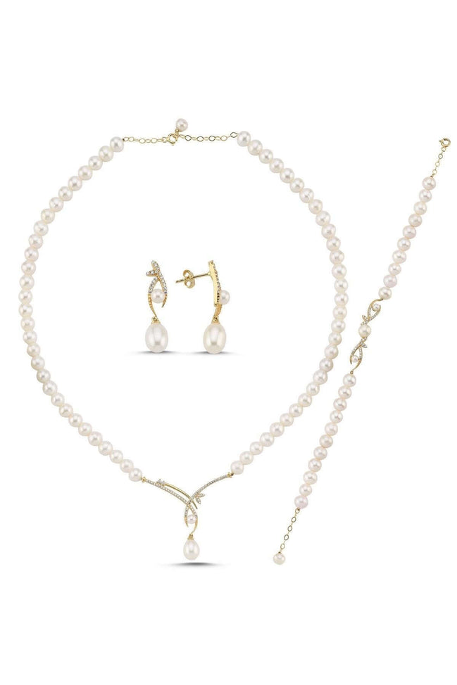 Yaprak Taşlı Doğal İncili Küpe Kolye Bileklik Üçlü Set | | Birinci1926