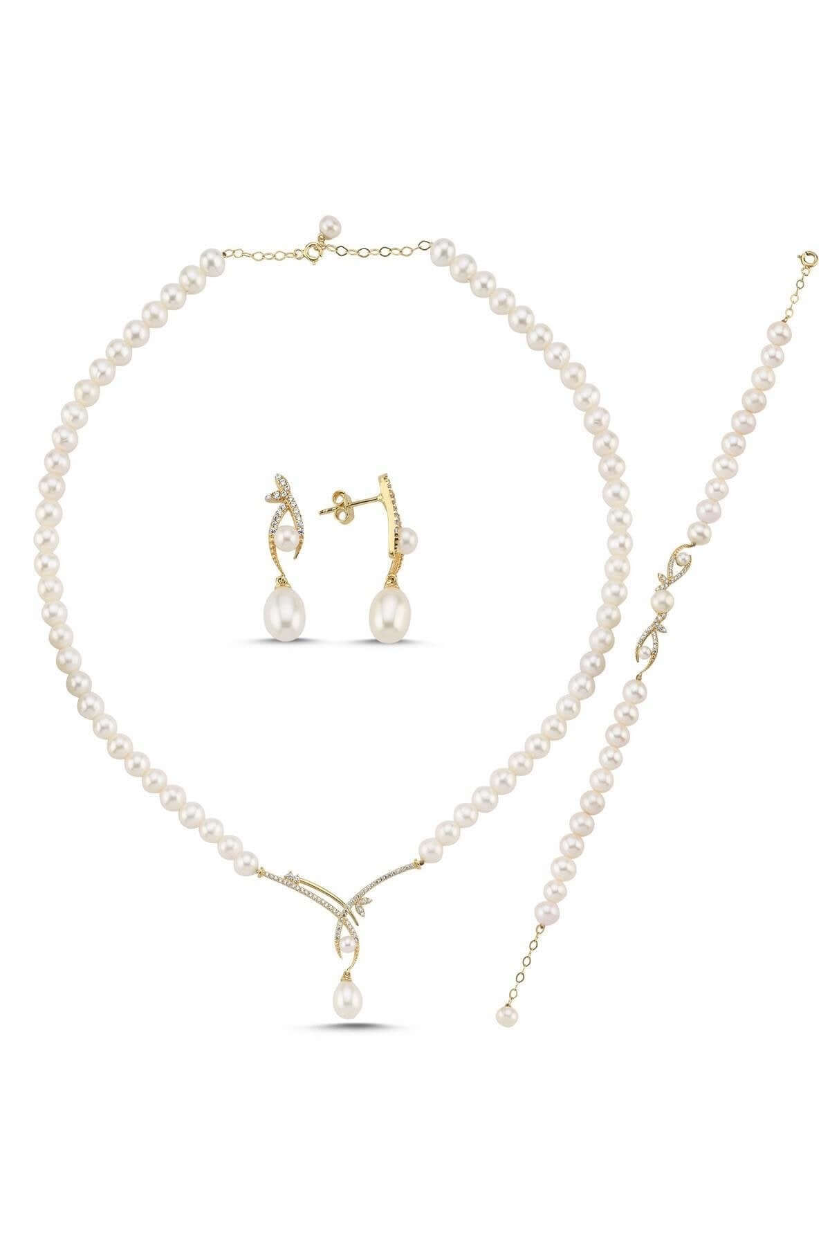 Yaprak Taşlı Doğal İncili Küpe Kolye Bileklik Üçlü Set | | Birinci1926