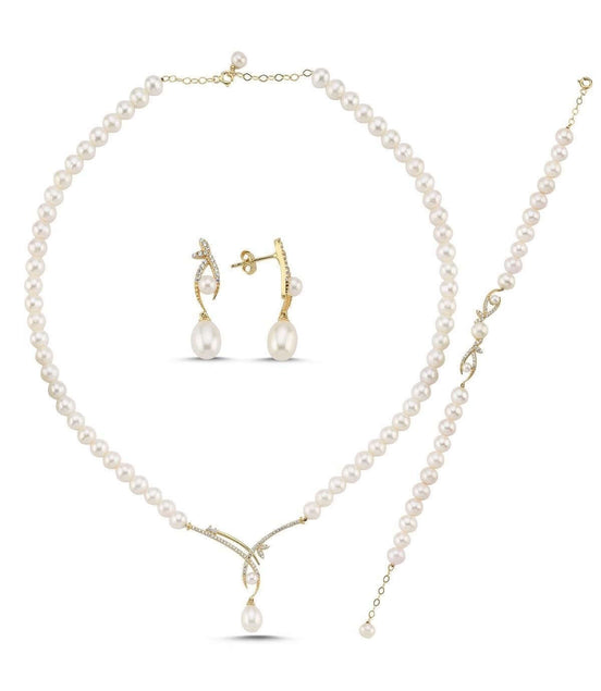 Yaprak Taşlı Doğal İncili Küpe Kolye Bileklik Üçlü Set | | Birinci1926