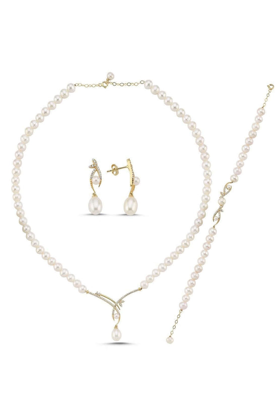 Yaprak Taşlı Doğal İncili Küpe Kolye Bileklik Üçlü Set | | Birinci1926