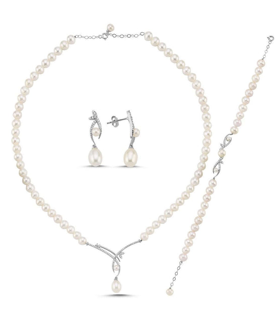 Yaprak Taşlı Doğal İncili Küpe Kolye Bileklik Üçlü Set | | Birinci1926