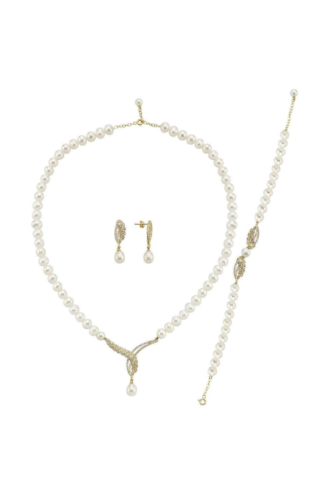 Yaprak Taşlı Doğal İnci Küpe Kolye Bileklik Üçlü Set | | Birinci1926