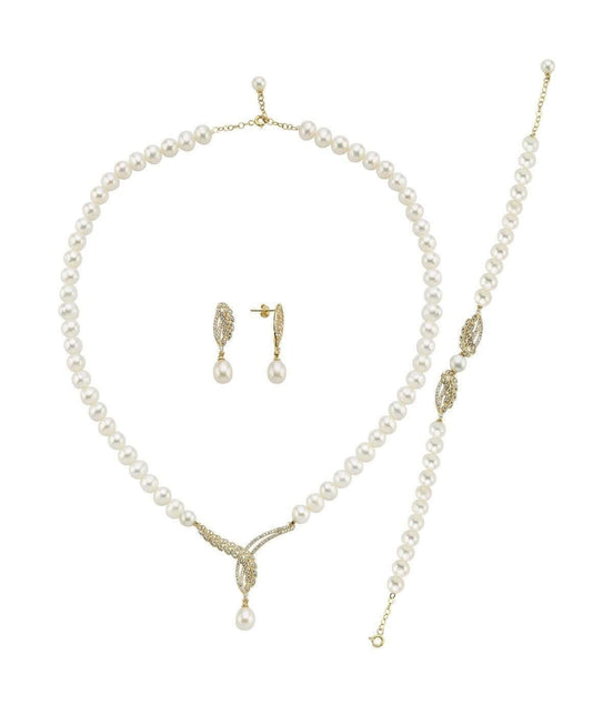 Yaprak Taşlı Doğal İnci Küpe Kolye Bileklik Üçlü Set | | Birinci1926