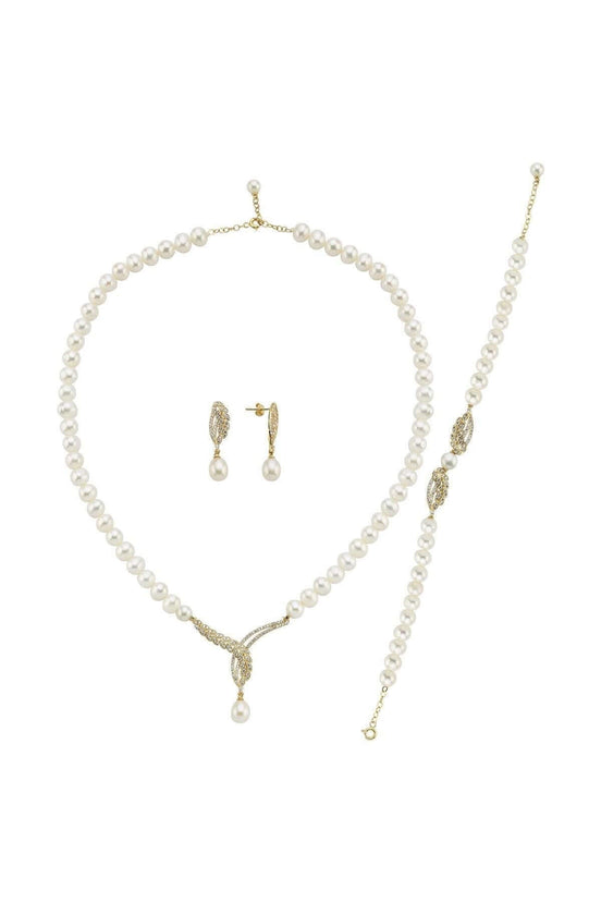 Yaprak Taşlı Doğal İnci Küpe Kolye Bileklik Üçlü Set | | Birinci1926