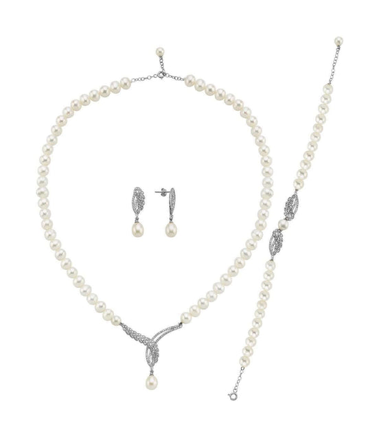 Yaprak Taşlı Doğal İnci Küpe Kolye Bileklik Üçlü Set | | Birinci1926