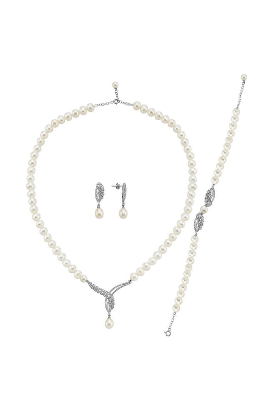 Yaprak Taşlı Doğal İnci Küpe Kolye Bileklik Üçlü Set | | Birinci1926