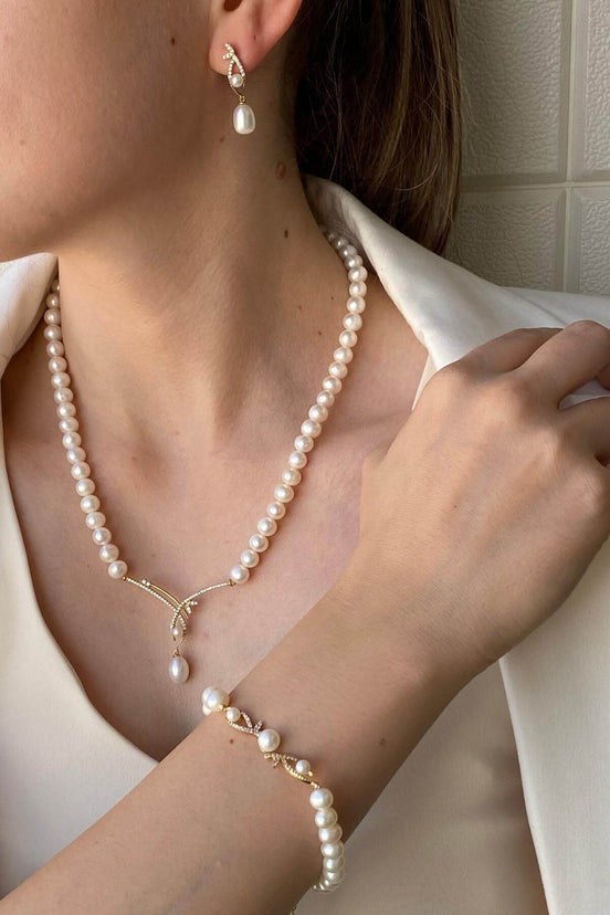 Yaprak Taşlı Doğal İncili Küpe Kolye Bileklik Üçlü Set | | Birinci1926